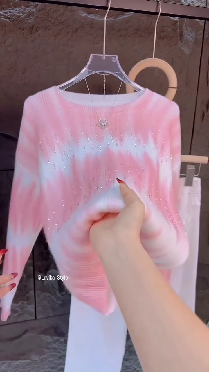 Pink & White Gradient Embellished Sweater – Soft Knit Casualwear for Women