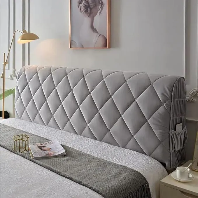 Velvet Bed Headboard Cover - Decorative Slipcover for Single, Twin, Queen, Full, California King Size - Thicken Dustproof Stretch Washable Protector, Grey, 75 Inches